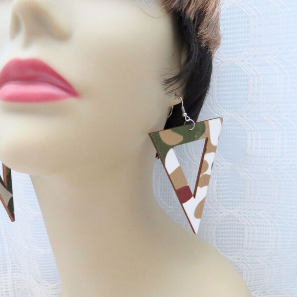 Inverted Triangle Brown and Green Camo Dangle Earrings For Women 4 Inches - Picture 1 of 7